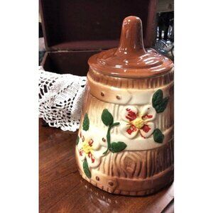 VINTAGE 1930'S McCoy Pottery BROWN BUTTER CHURN with RED FLOWERS COOKIE JAR